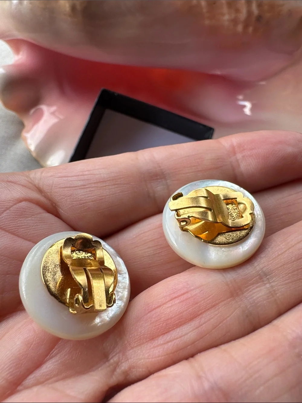 CHANEL Iridescent Pearl Button Earrings with Logo Rim